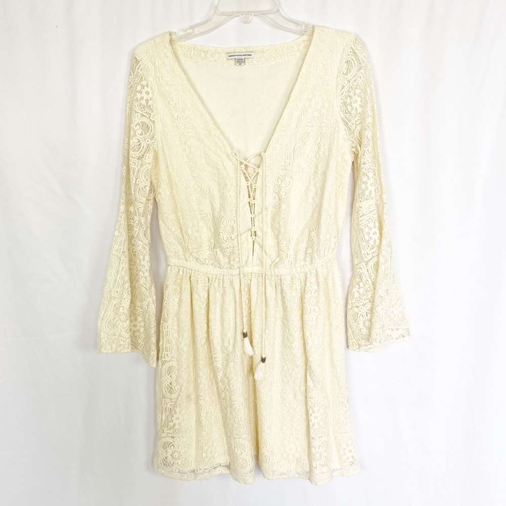 American Eagle cream lace boho lace up dress M